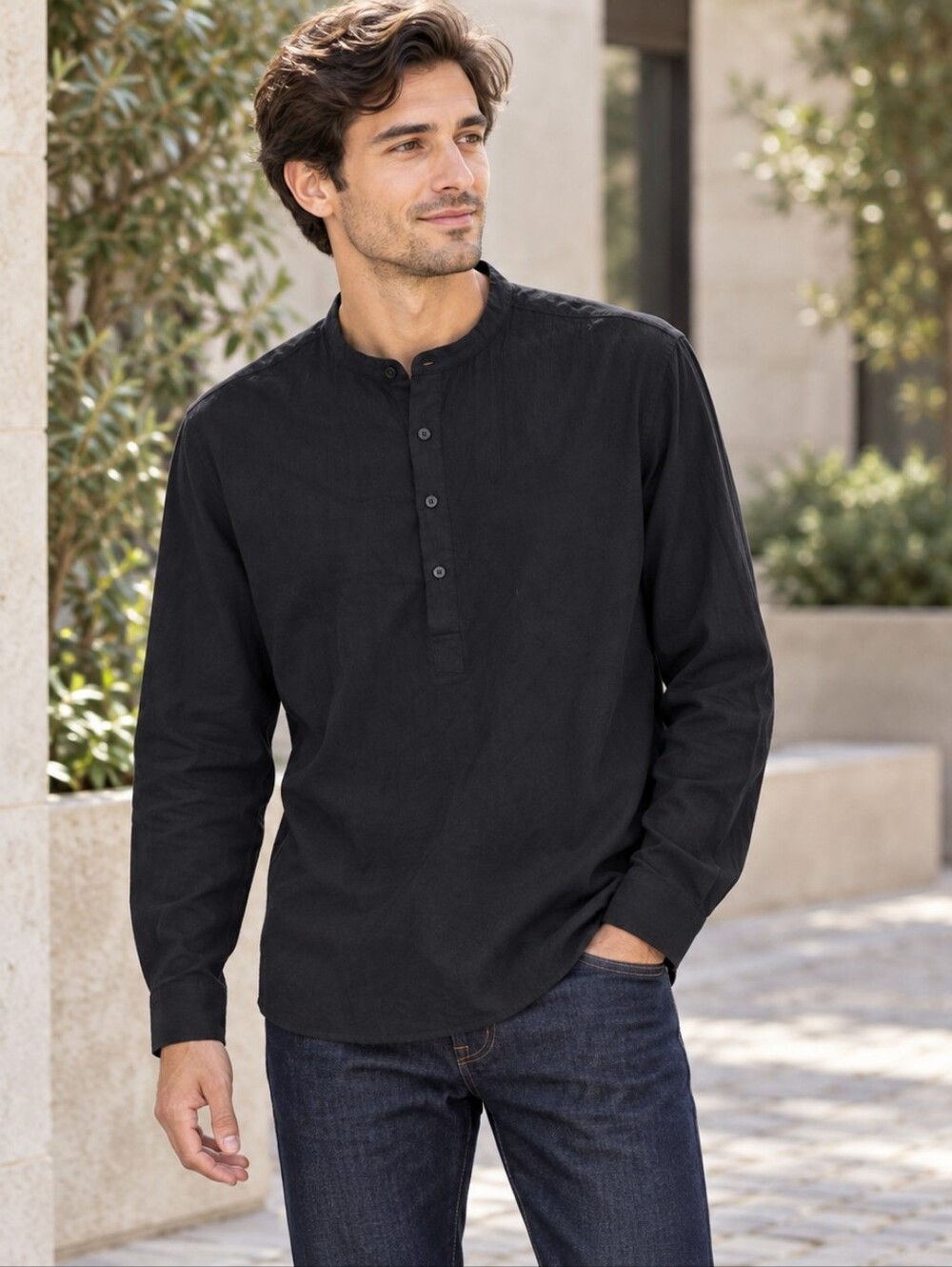 Zara Black Wrinkled Effect Long Sleeve Band Collar Polo Shirt Minimalist Men's L